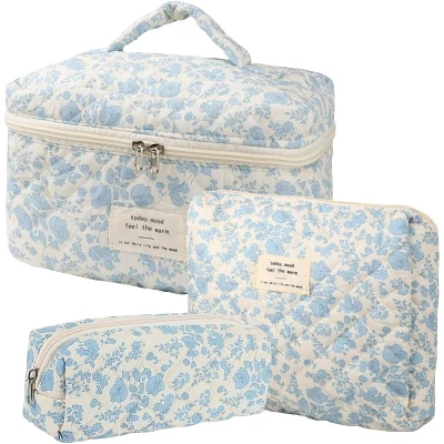 Narwey 3Pcs Cotton Quilted Makeup Bag Set, Cute Floral Makeup Bags 4 Narwey 3Pcs Cotton Quilted Makeup Bag Set, Cute Floral Makeup Bags - Image 2